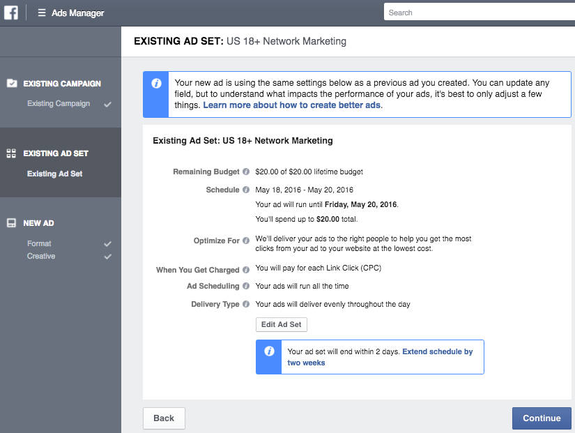Modifying your Facebook ad set