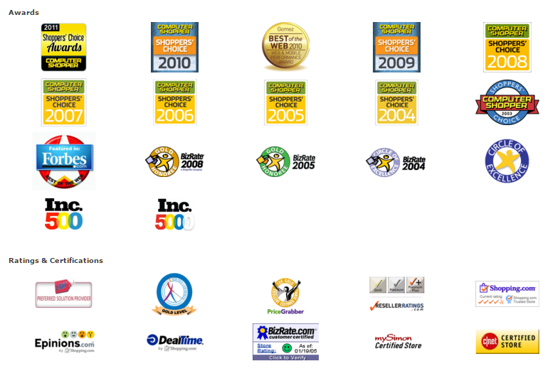 New Egg's many awards and certifications