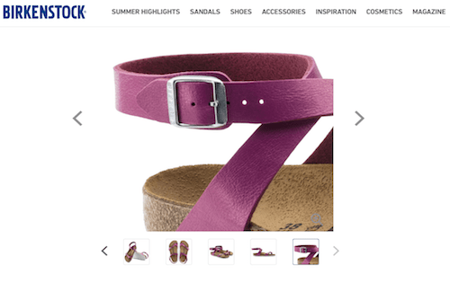 Birkenstock uses images to communicate details and colors on their product pages.