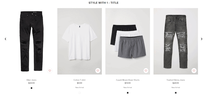 H&M uses a scrolling list of recommended product pairings.