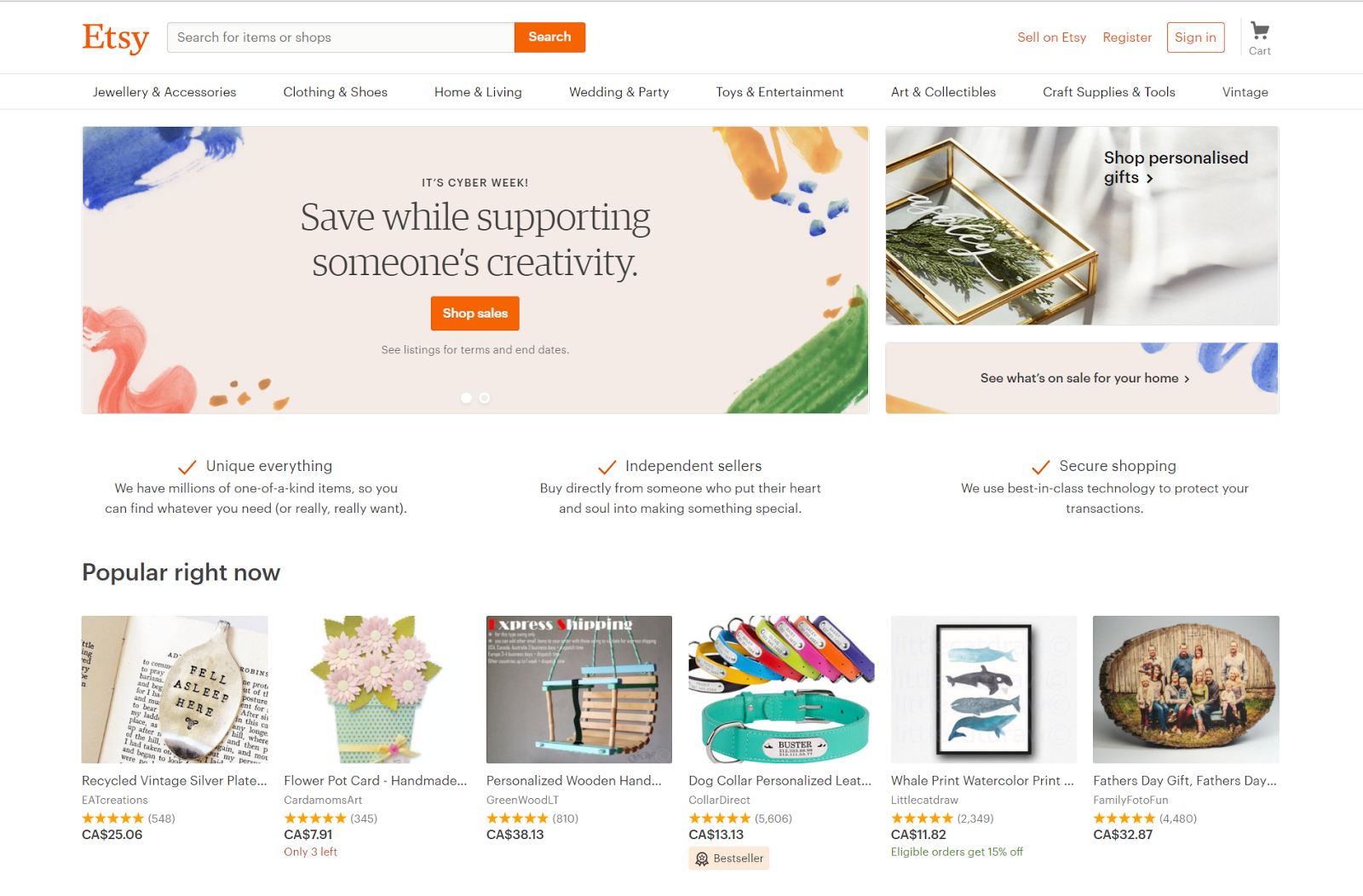 If you squint, you can see "IT'S CYBER WEEK" above the main headline at Etsy. If you squint, you can see "IT'S CYBER WEEK" above the main headline at Etsy.