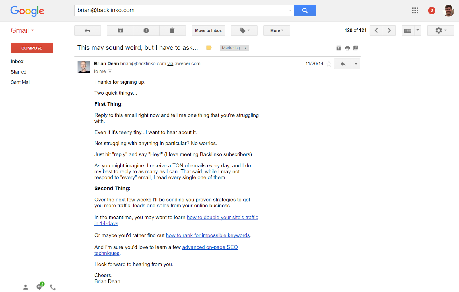 Confirmation email from Brian Dean