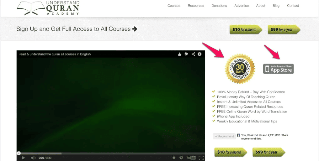 Understand Quran Academy landing page with 30-day guarantee badge and Apple App Store badge