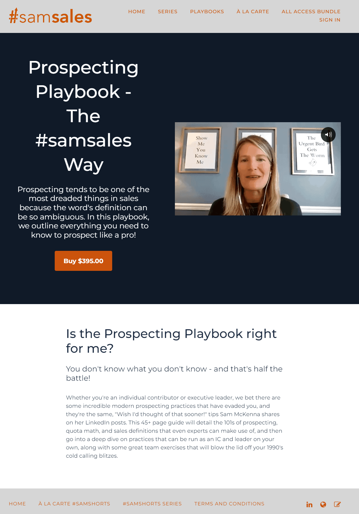 landing page for the prospecting playbook. The top of the page shows the headline and a video. Below that is a section with the headline 