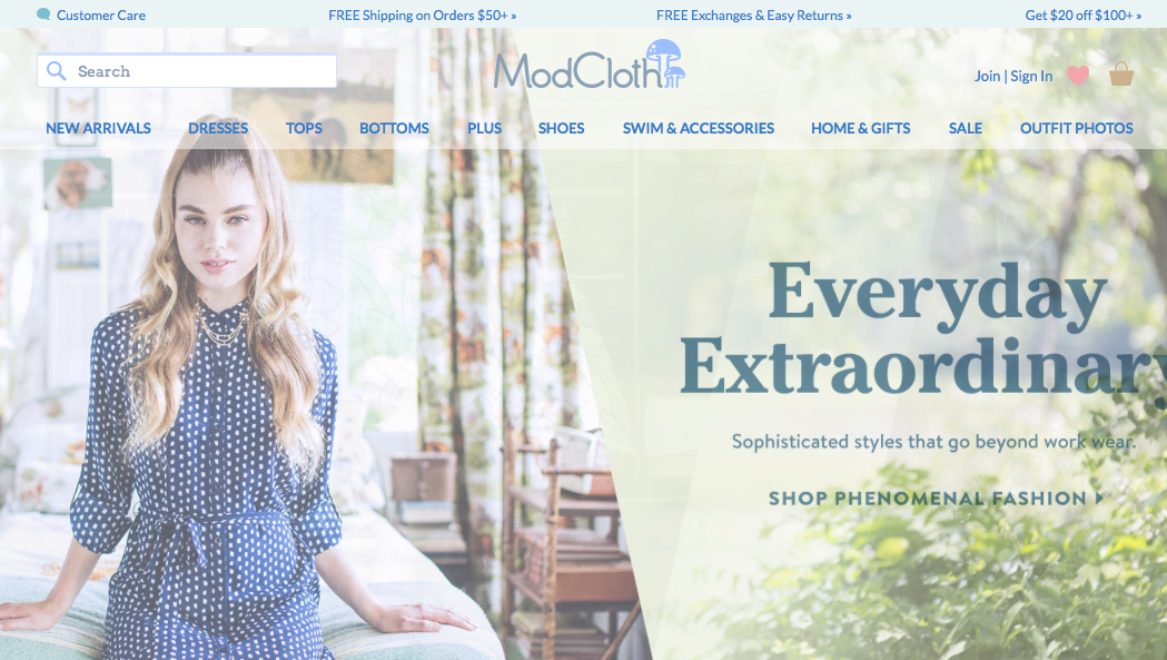 The top of ModCloth's website is covers lots of trust-building bases.