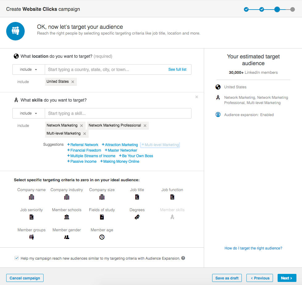 Select your targeted audience and your budget