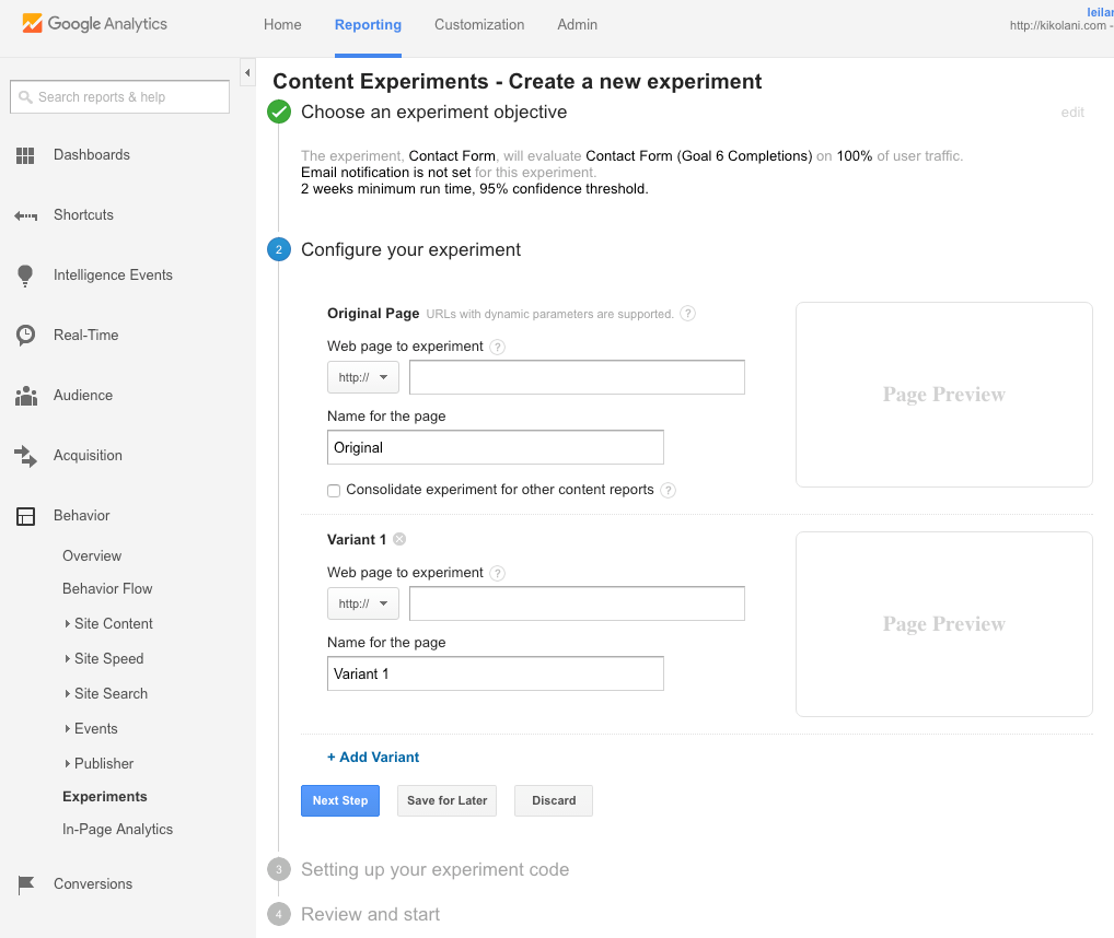 Setting up variants in Google Analytics may require more steps than using a traditional AB testing tool like Optimizely.