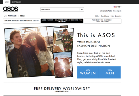Shopping option CTAs on Asos