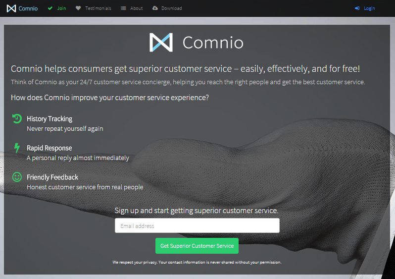 The Comnio home page served as a landing page for people needing customer support.