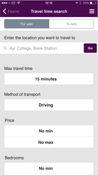 Travel time search results on mobile device Travel time search results on mobile device