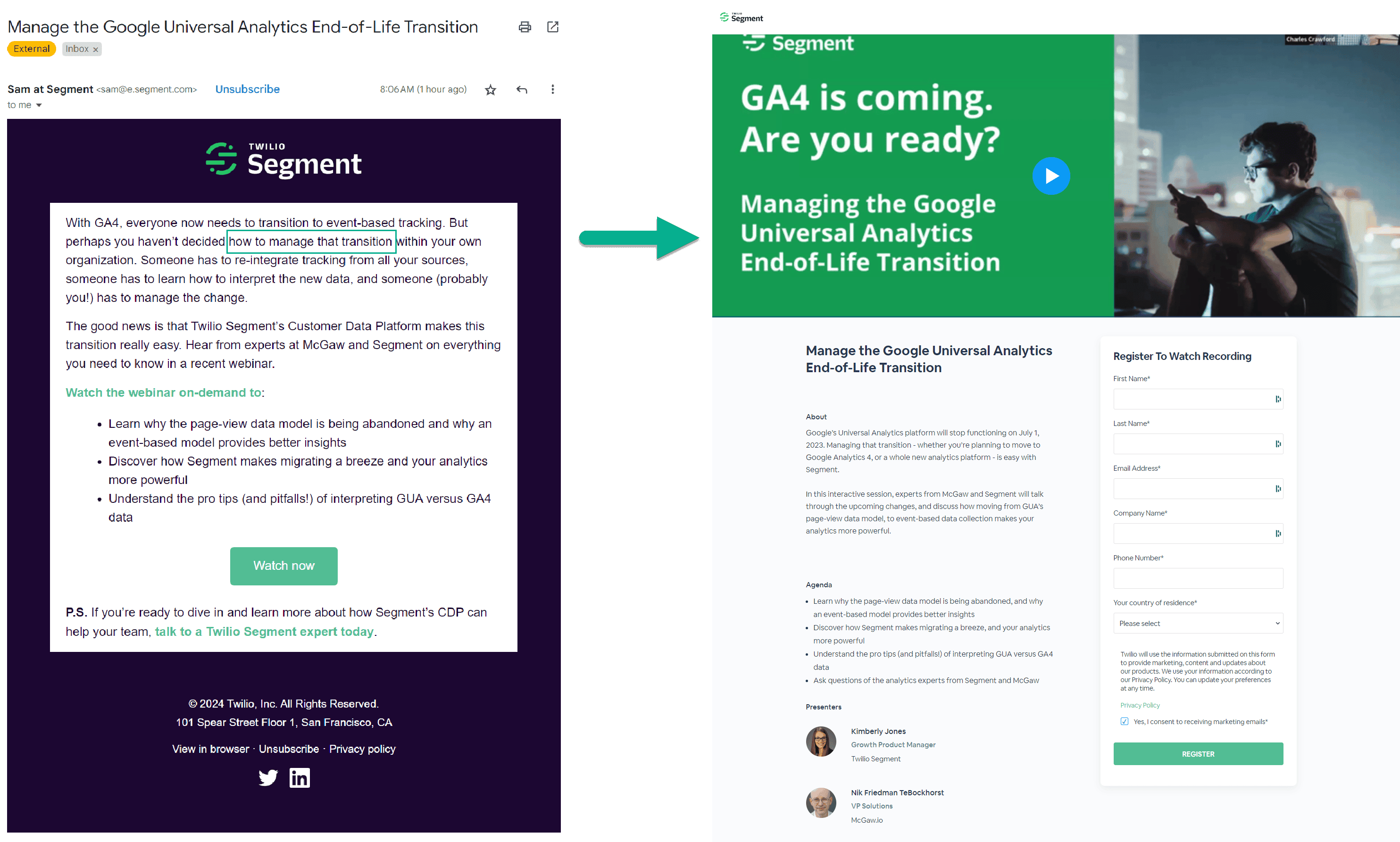email with green button, with a landing page with a green banner and button