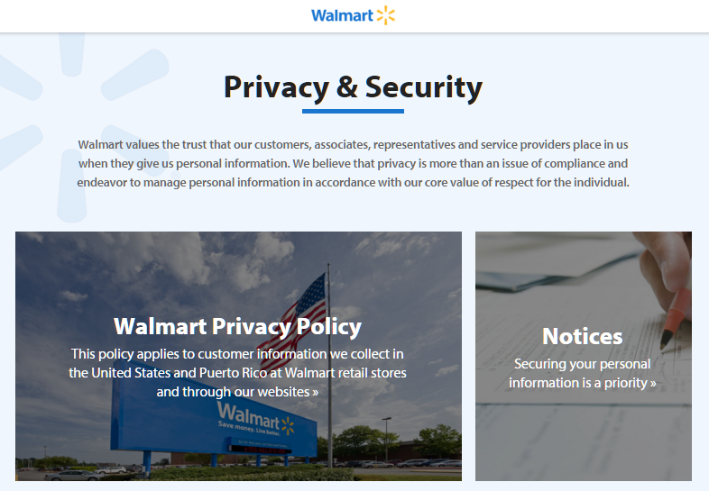 Walmart's page devoted to online security