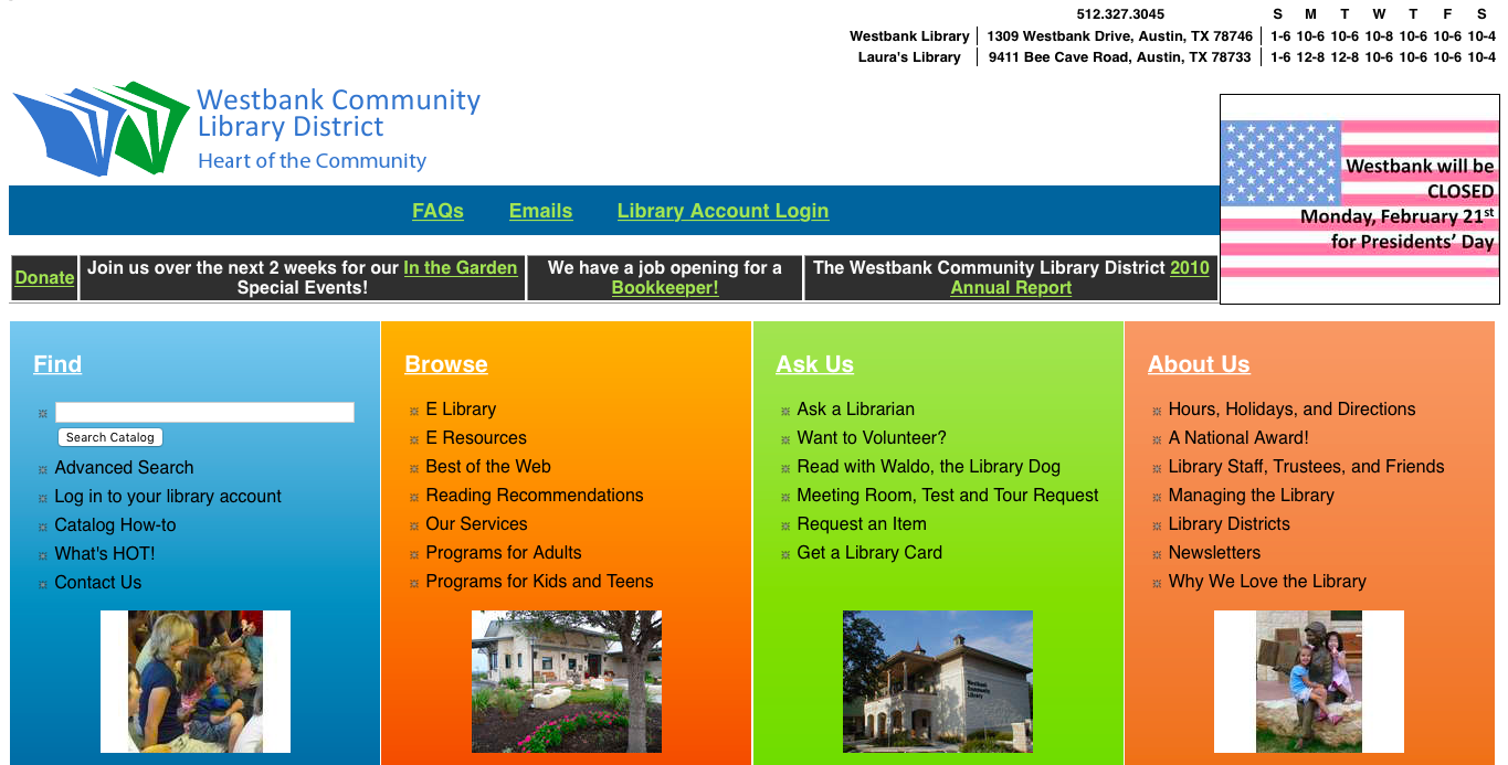 Westbank's homepage in 2008, built with a CMS that was only intended to be used for online library catalogs