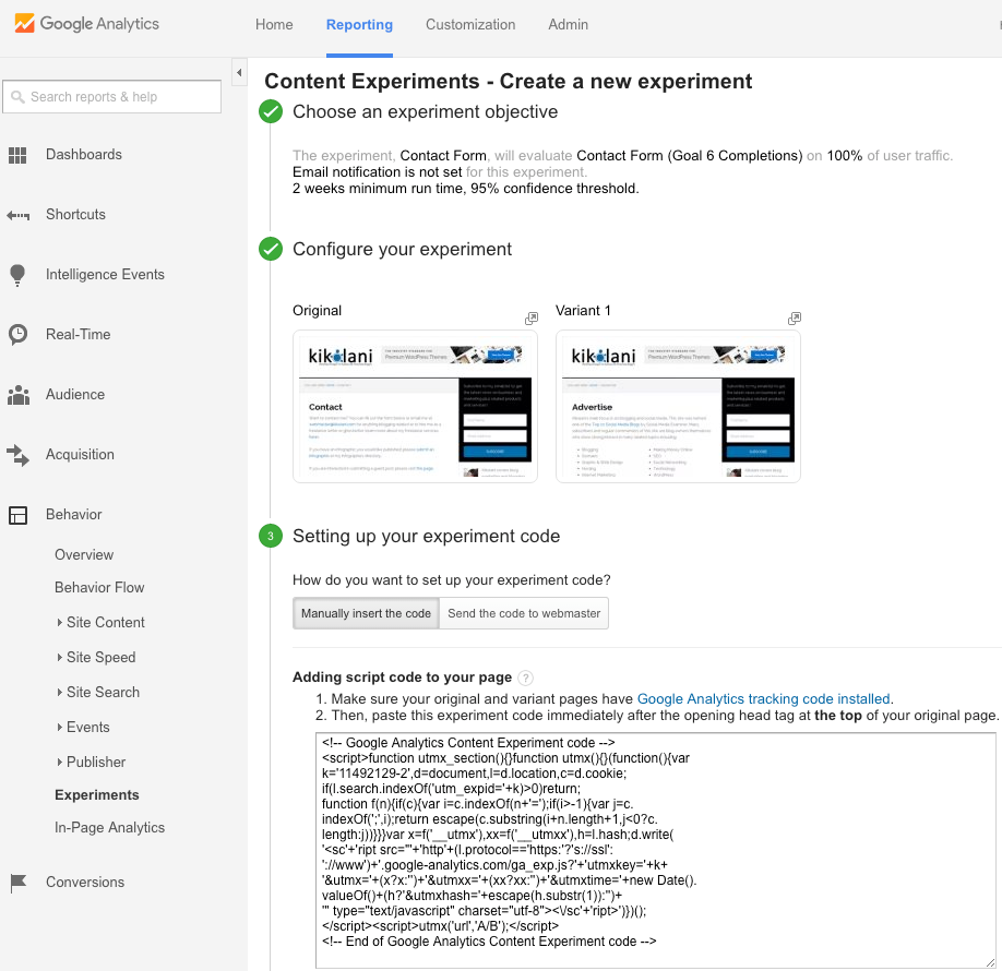 You code for your AB test in Google Analytics