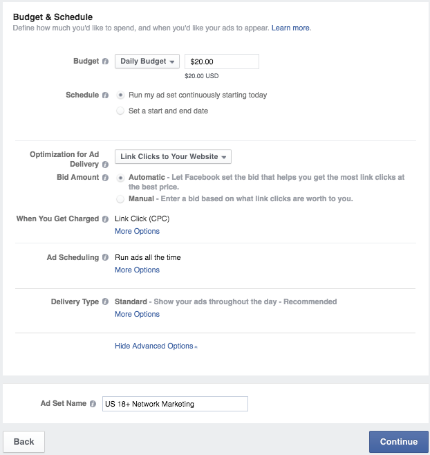 Your budget and schedule for your Facebook ad