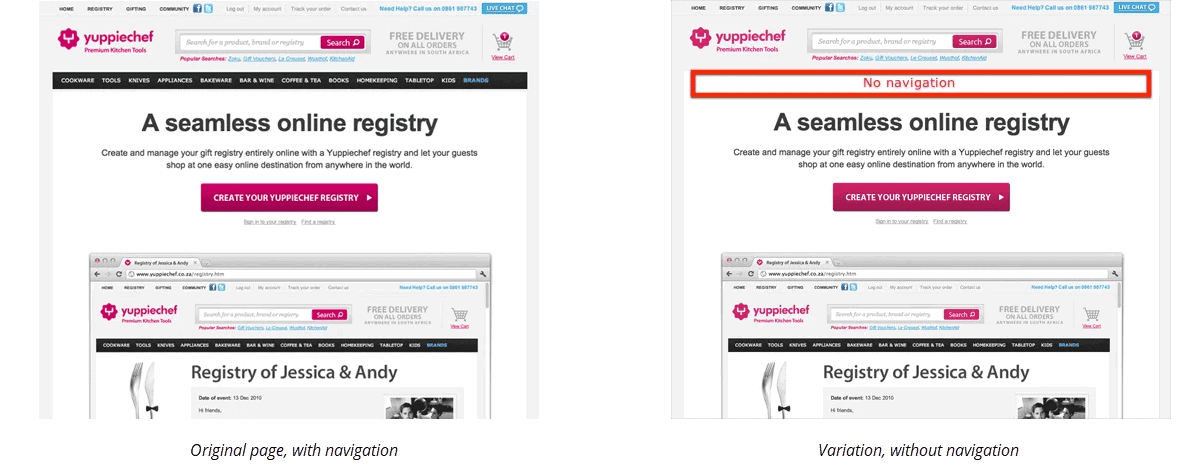 Two variations of the same landing page, one with no navigation.
